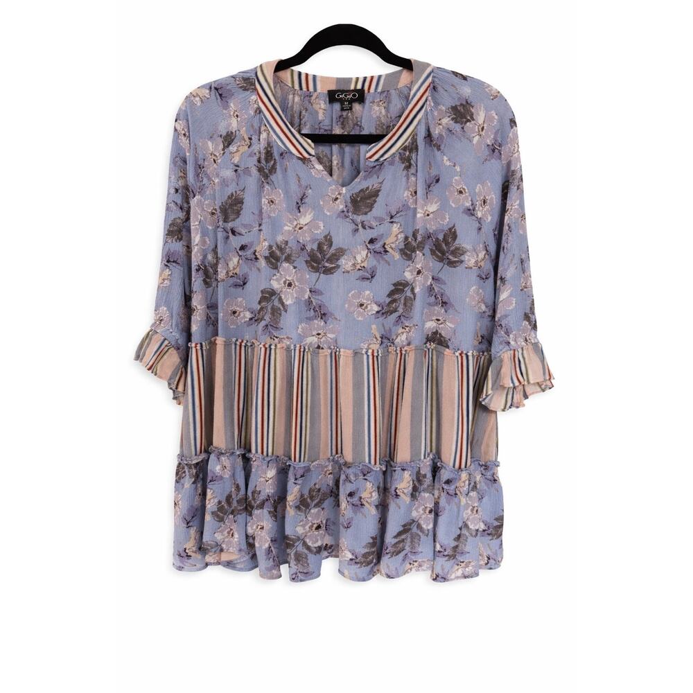 GiGio USA Medium Blue Floral Mixed Print Boho Peasant Tunic Tiered Ruffle Sleeve